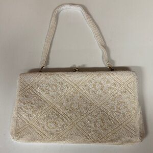 Cream Beaded Evening Clutch with Handle